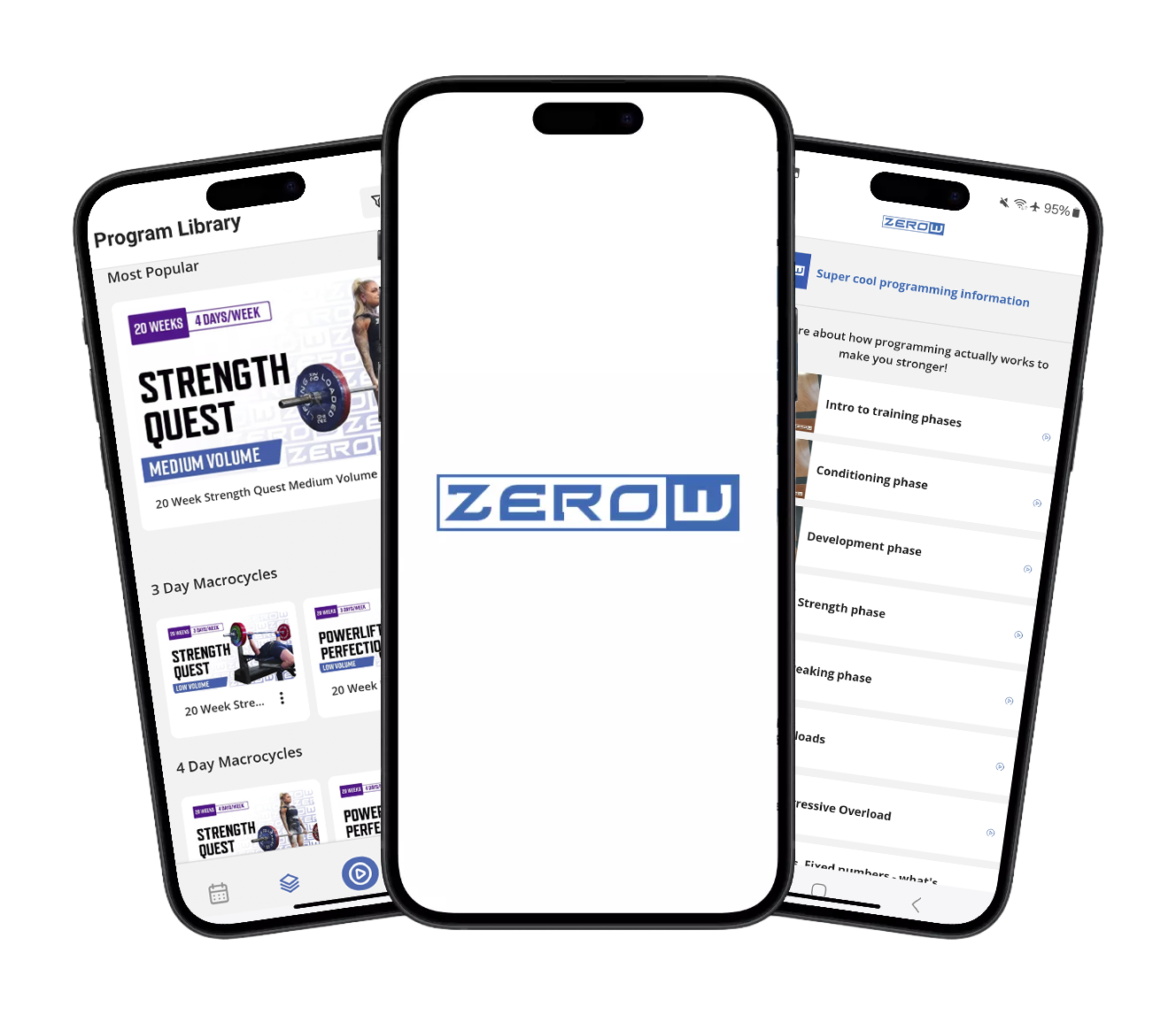 Three angled iPhones showing the ZeroW App program library, exercise demos, and training metrics