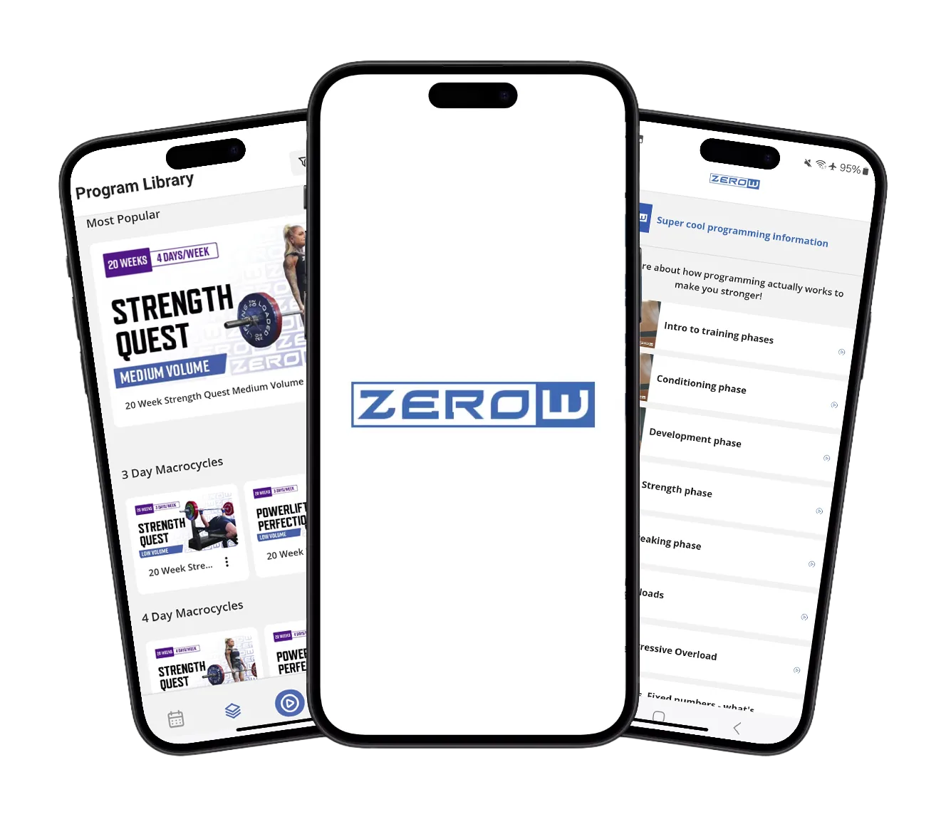 Three angled iPhones showing the ZeroW App program library, exercise demos, and training metrics
