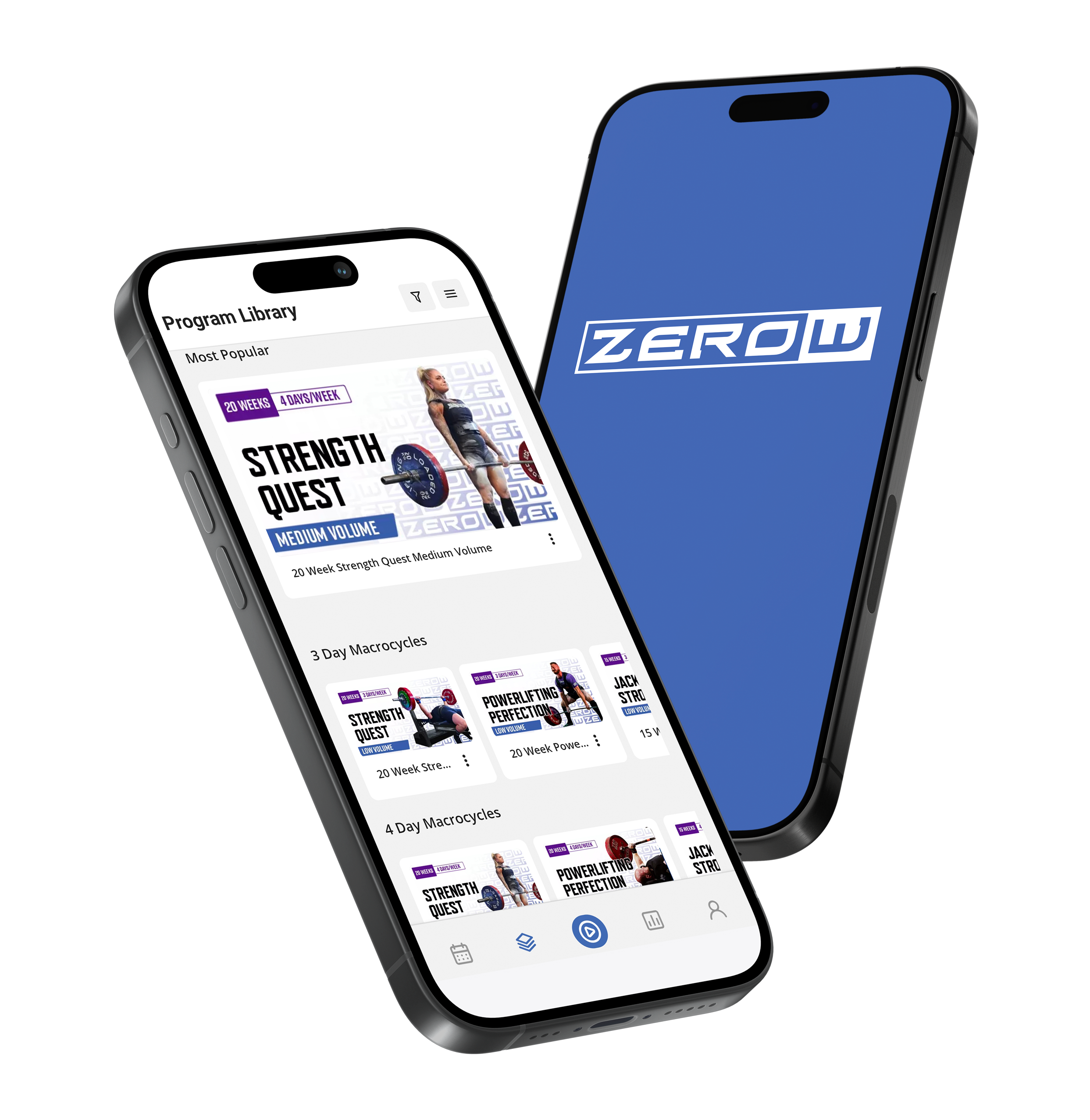 ZeroW App iPhone preview with Program Library and ZeroW splash screen