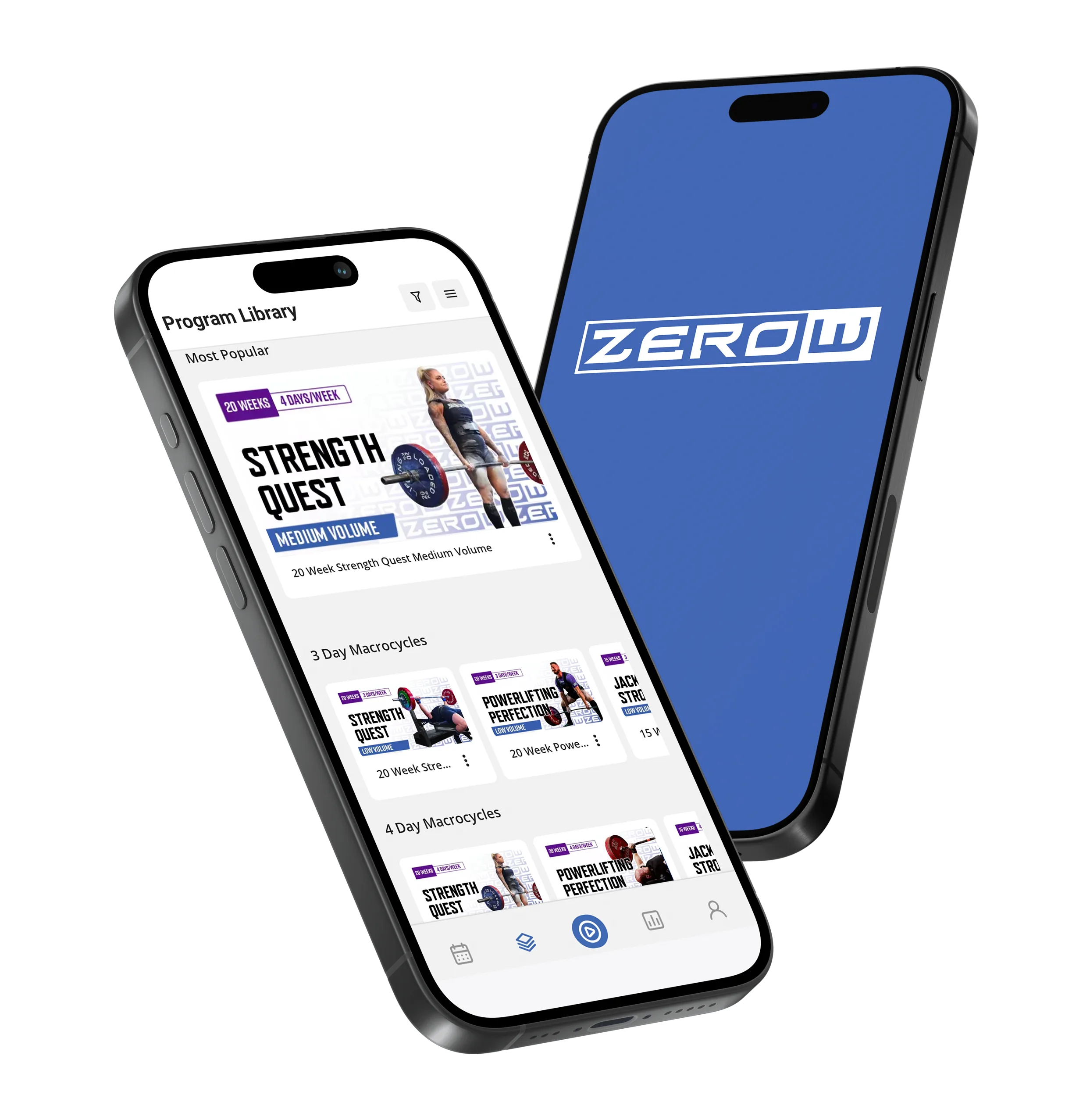ZeroW App iPhone preview with Program Library and ZeroW splash screen